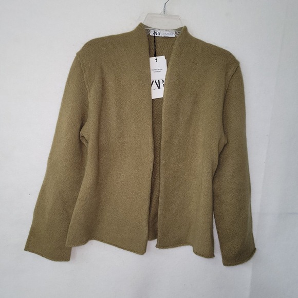 ZARA Merino Wool Blend Knit Cardigan Sweater Jacket Womens S Olive Brown - Picture 1 of 10
